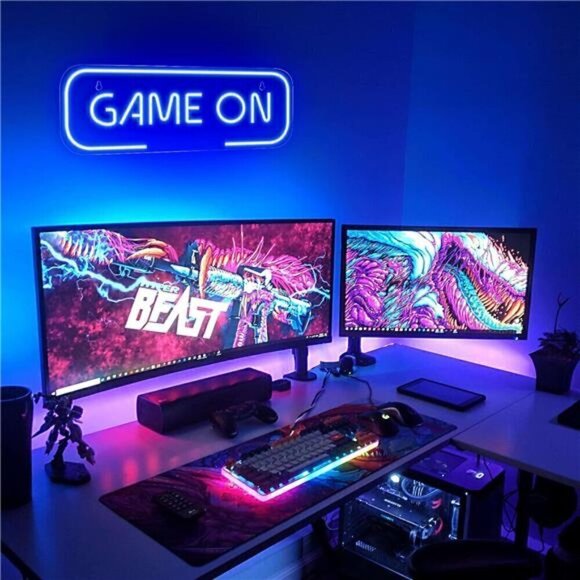 Gaming Neon Sign Game On Blue Room Decor LED Teen Boy Room Gamer Wall Console - Picture 2 of 8